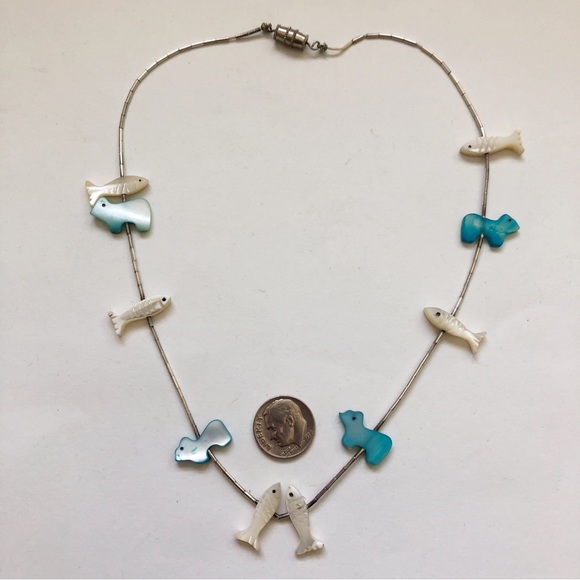 Southwestern Mother of Pearl Fish and Bear Fetish Sterling Silver Necklace - Picture 5 of 8